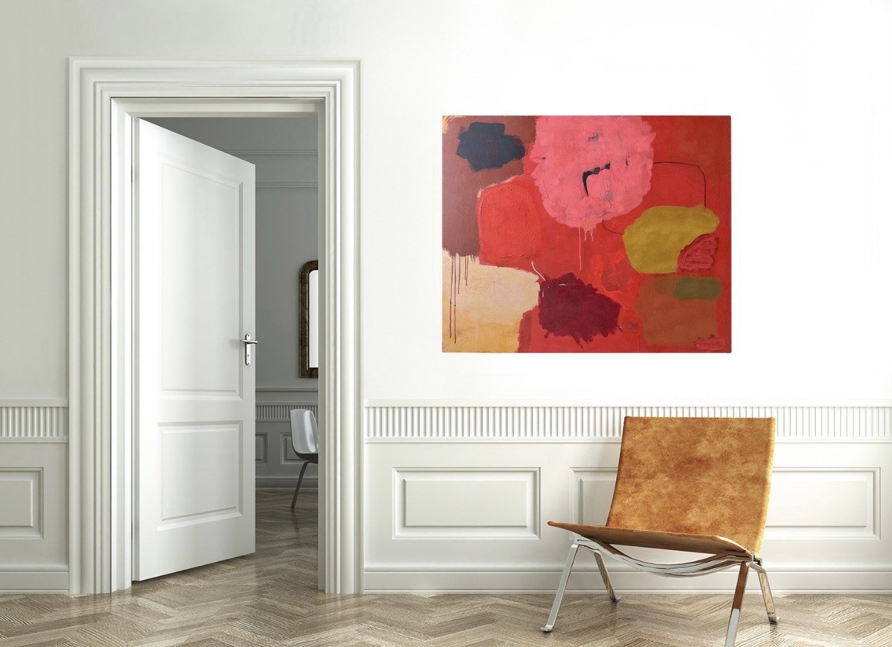 Large Abstract Painting in Reds by Artist John Luckett, 48” X 60”, Signed