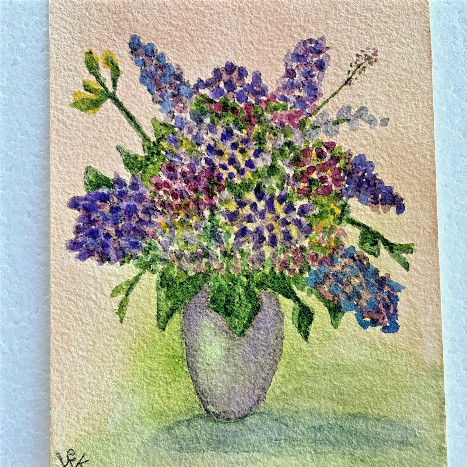 Original Watercolor Painting Flower Bouquet Lilacs Vase Still Life Signed 5×7
