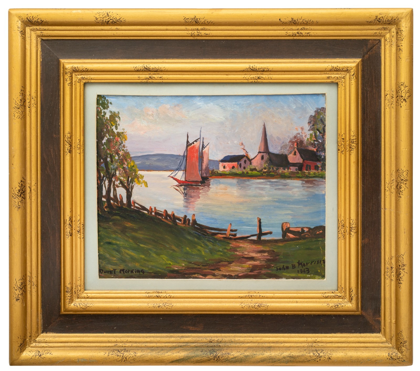“Quiet Morning” Vintage Sailboat Painting, Signed John B. Morrison, 1963, Framed