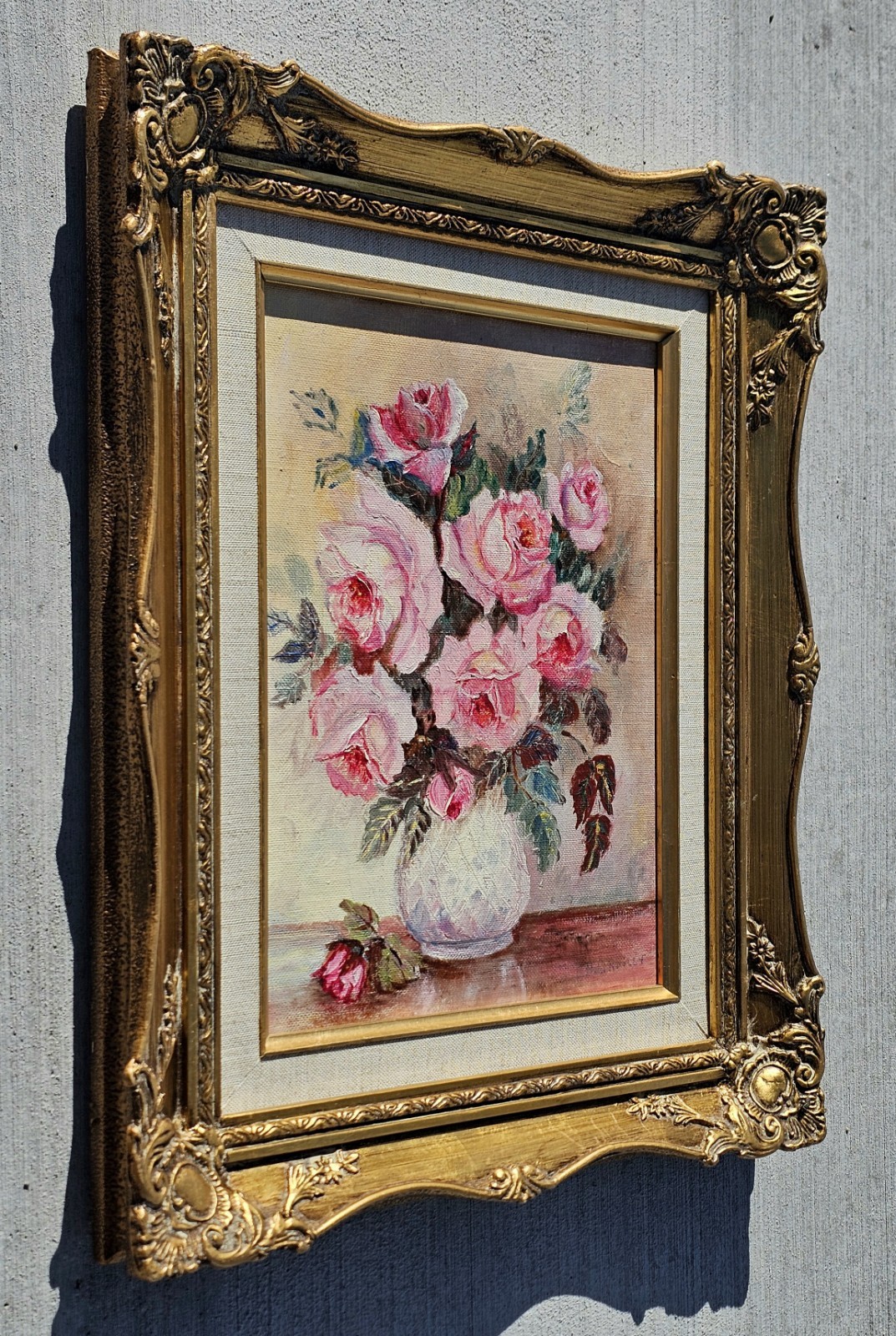 Vintage Floral Still Life OIL PAINTING Pink Roses SIGNED Ornate Gold Gilt FRAMED