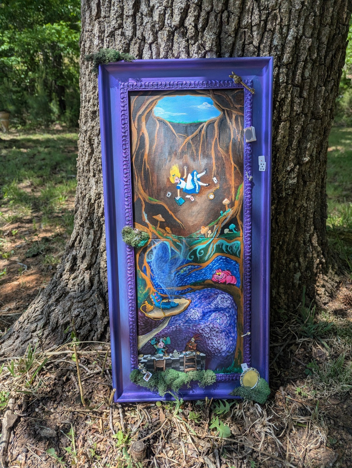 Alice in Wonderland Painting 3D Mixed Media Original Art Cheshire Cat Mad Hatter