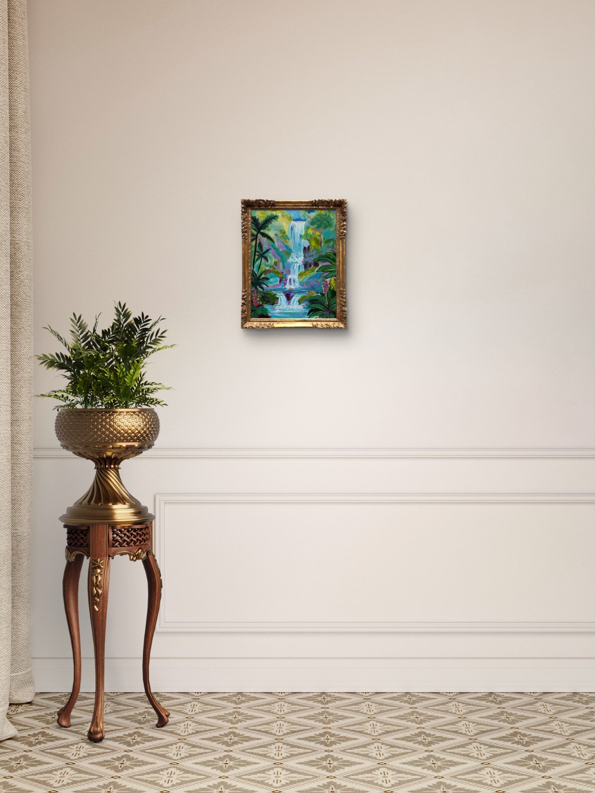 Tropical Waterfall Painting Rainforest Landscape Wall Art Original 11×14 CV