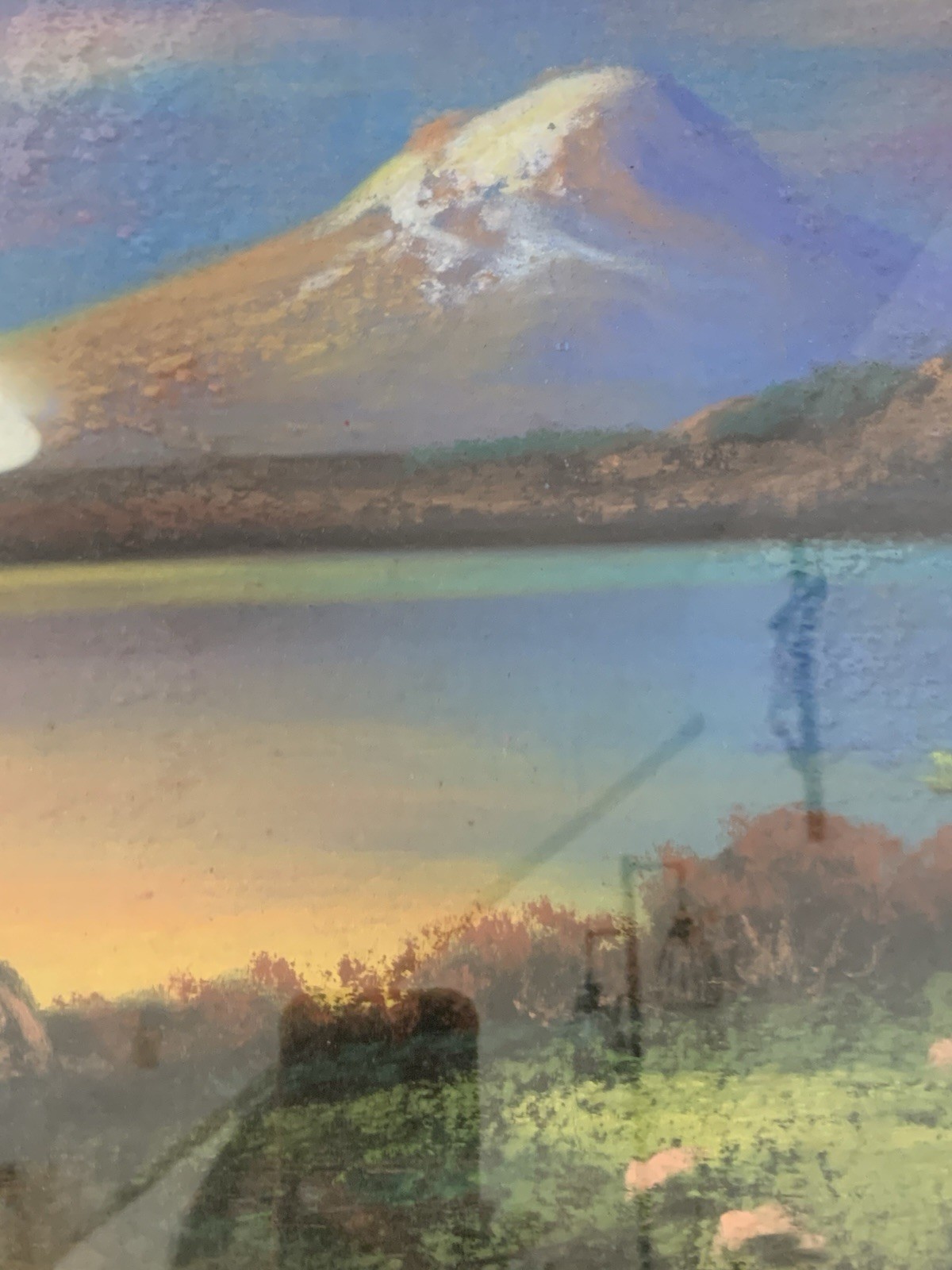 Antique Original Pastel Painting On Cardboard Landscape Mountain Lake Signed