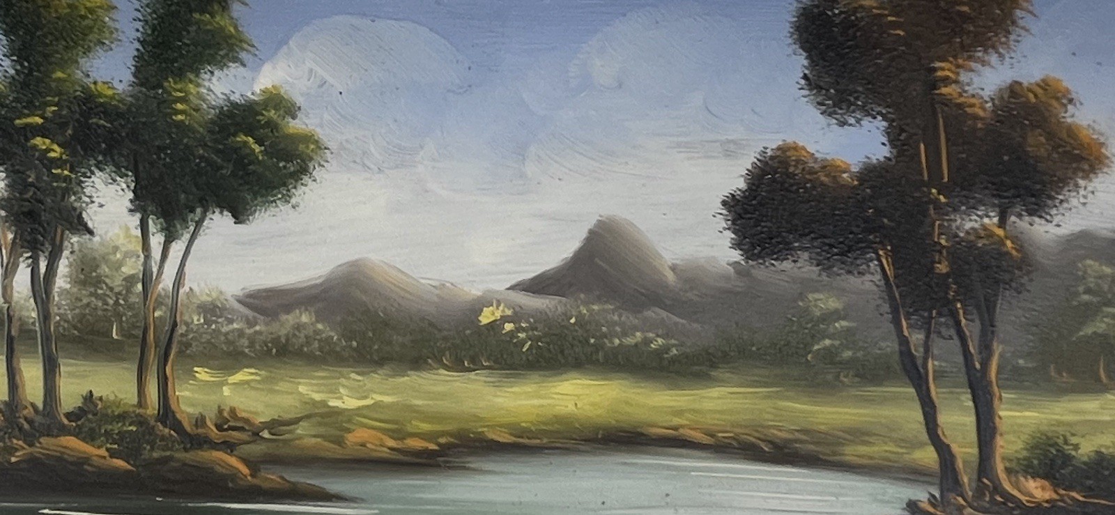 COLLECTOR Original Oil Painting signed CAMPILLO RiverMountainLandscape 9″x3 1/2″