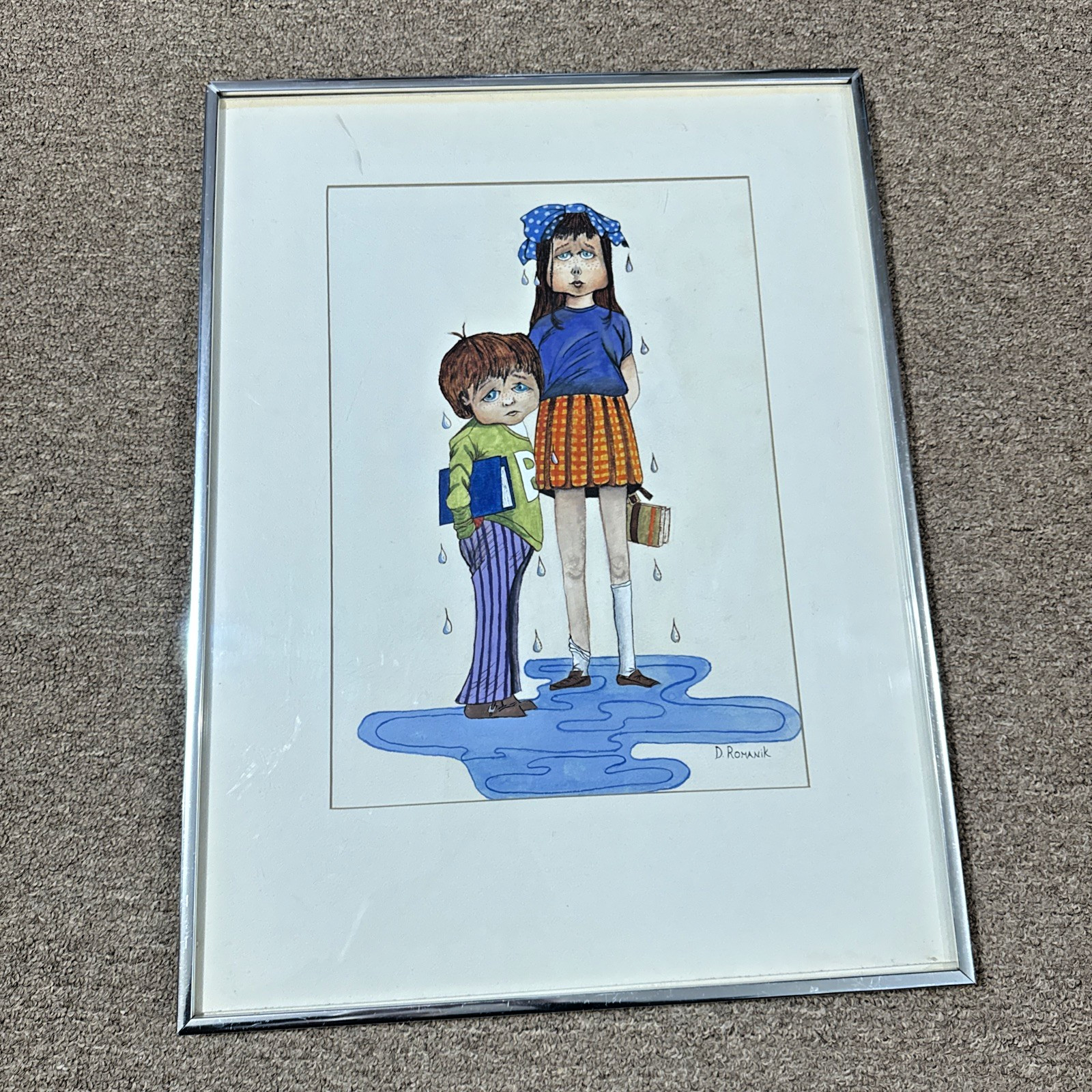 Vintage D. Romanik Signed Illustration Art – Big Eye Style Children in Rain