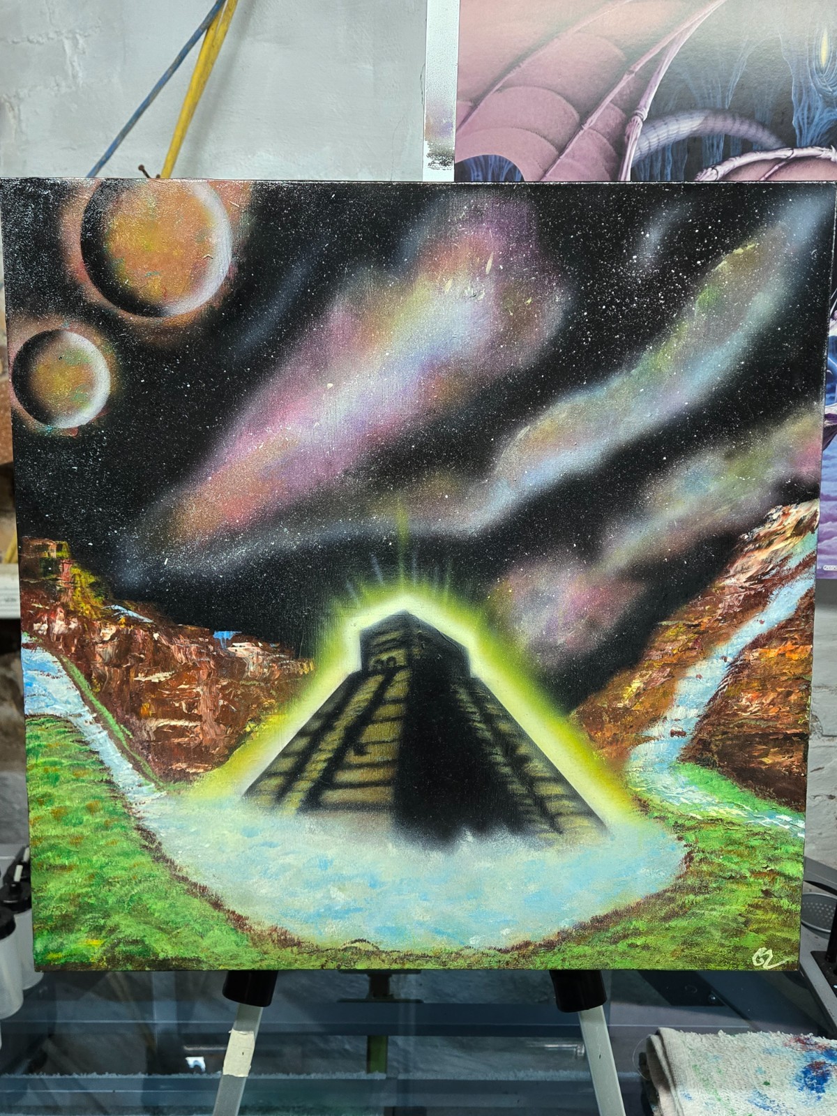 paintings on canvas, 16×20 and 20×20 on wood canvas. all are acrylic based.