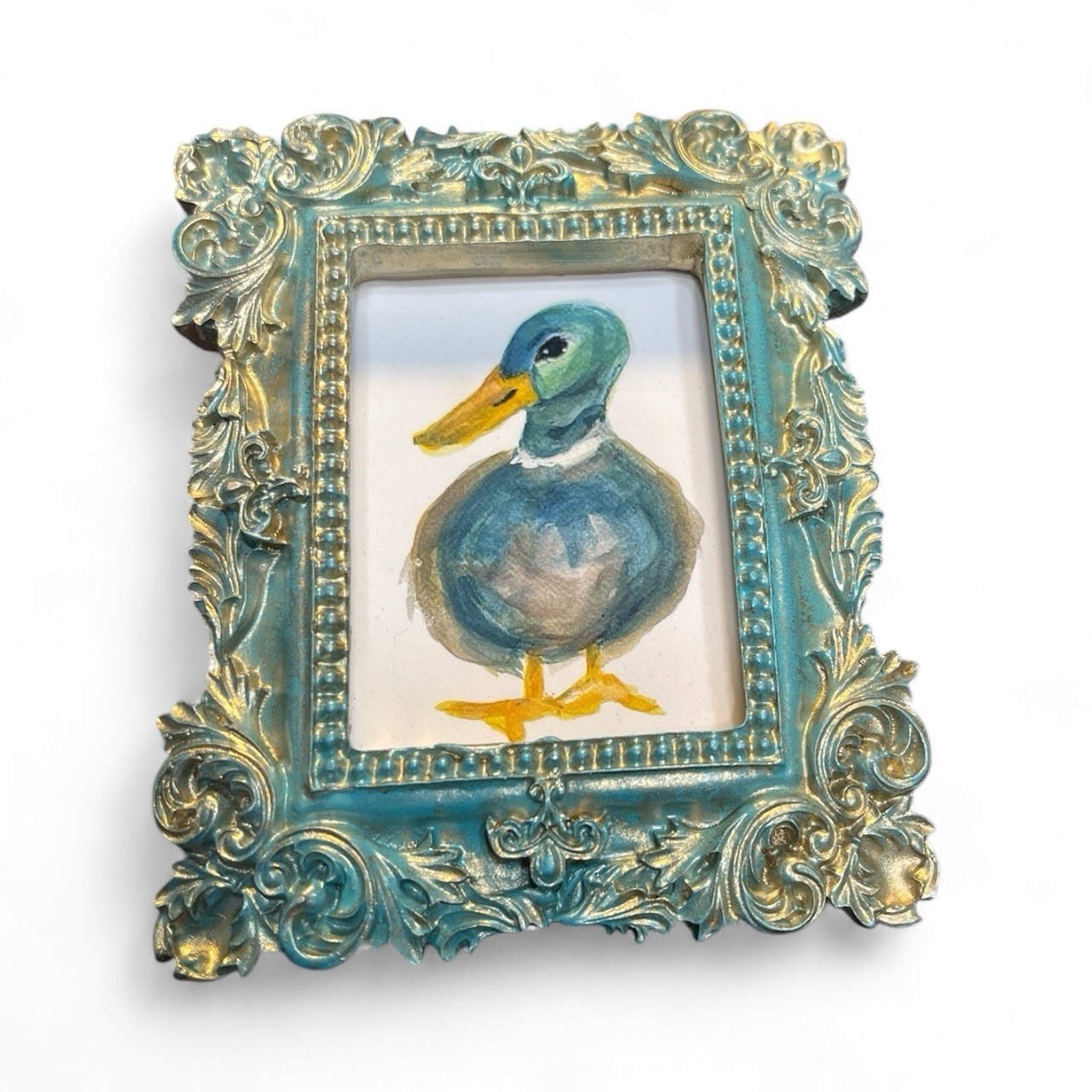 Mallard Duck miniature art watercolor print in vintage style ornate frame