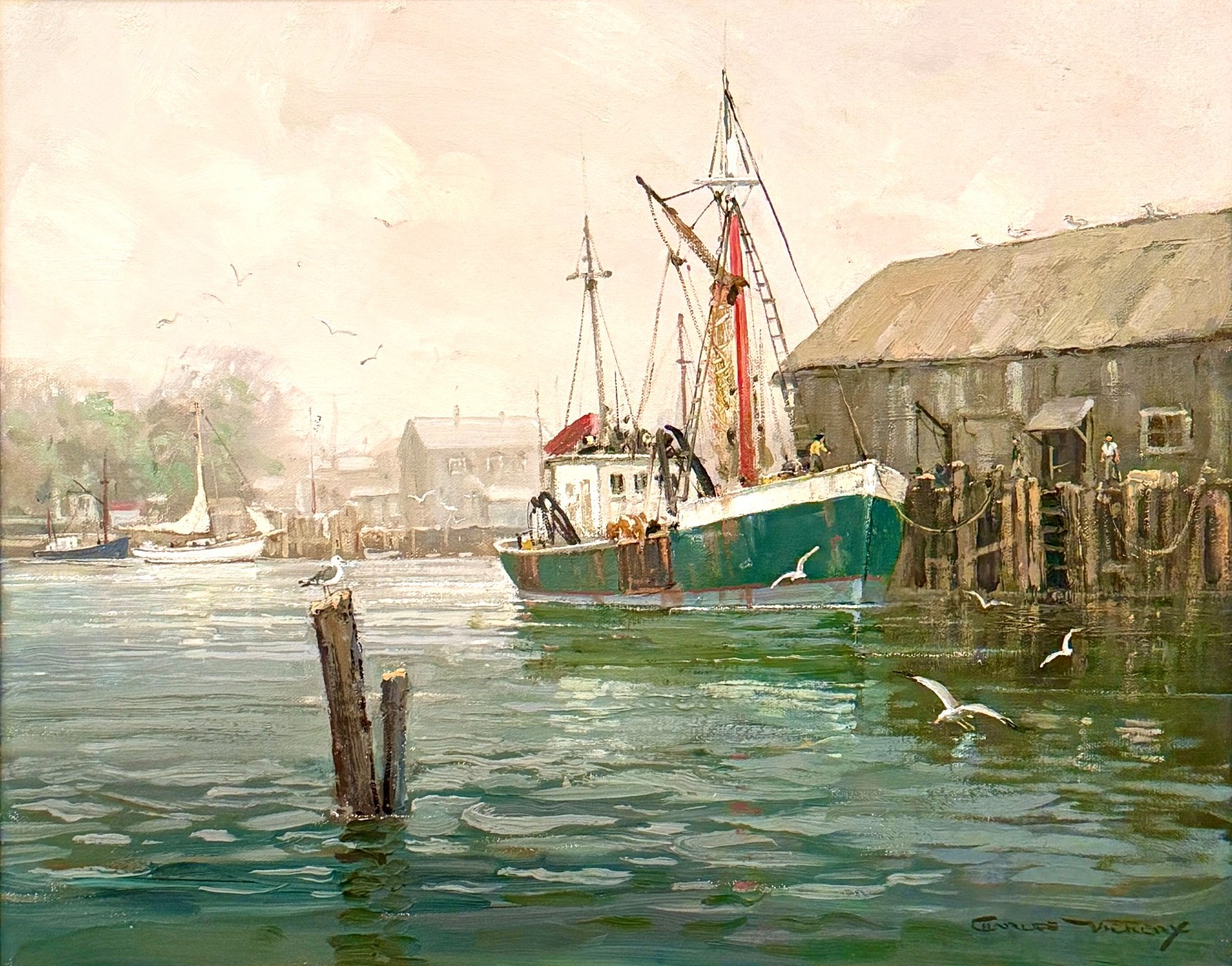 Charles Vickery Quiet Harbor Marine Fishing Boat Harbor Oil Painting