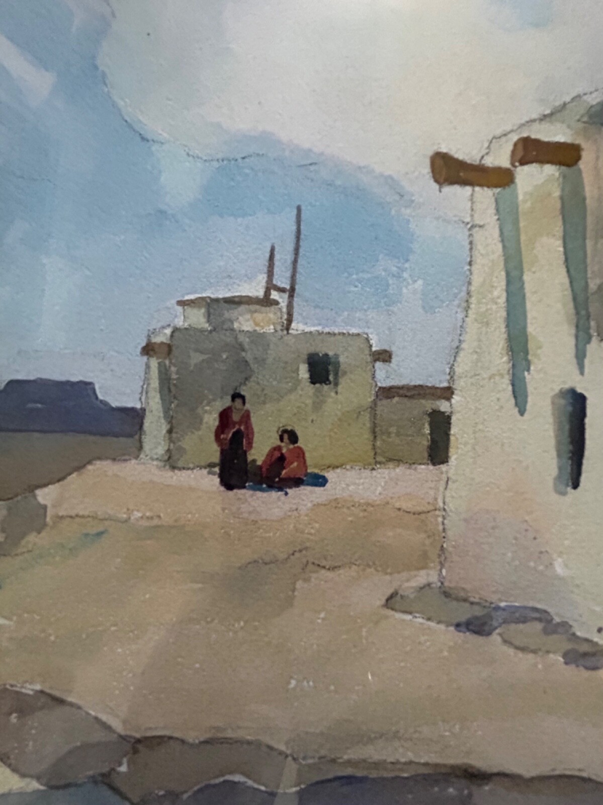 Large John Cuthbert Hare American Watercolor Painting Pueblo ca. 1930s Untitled