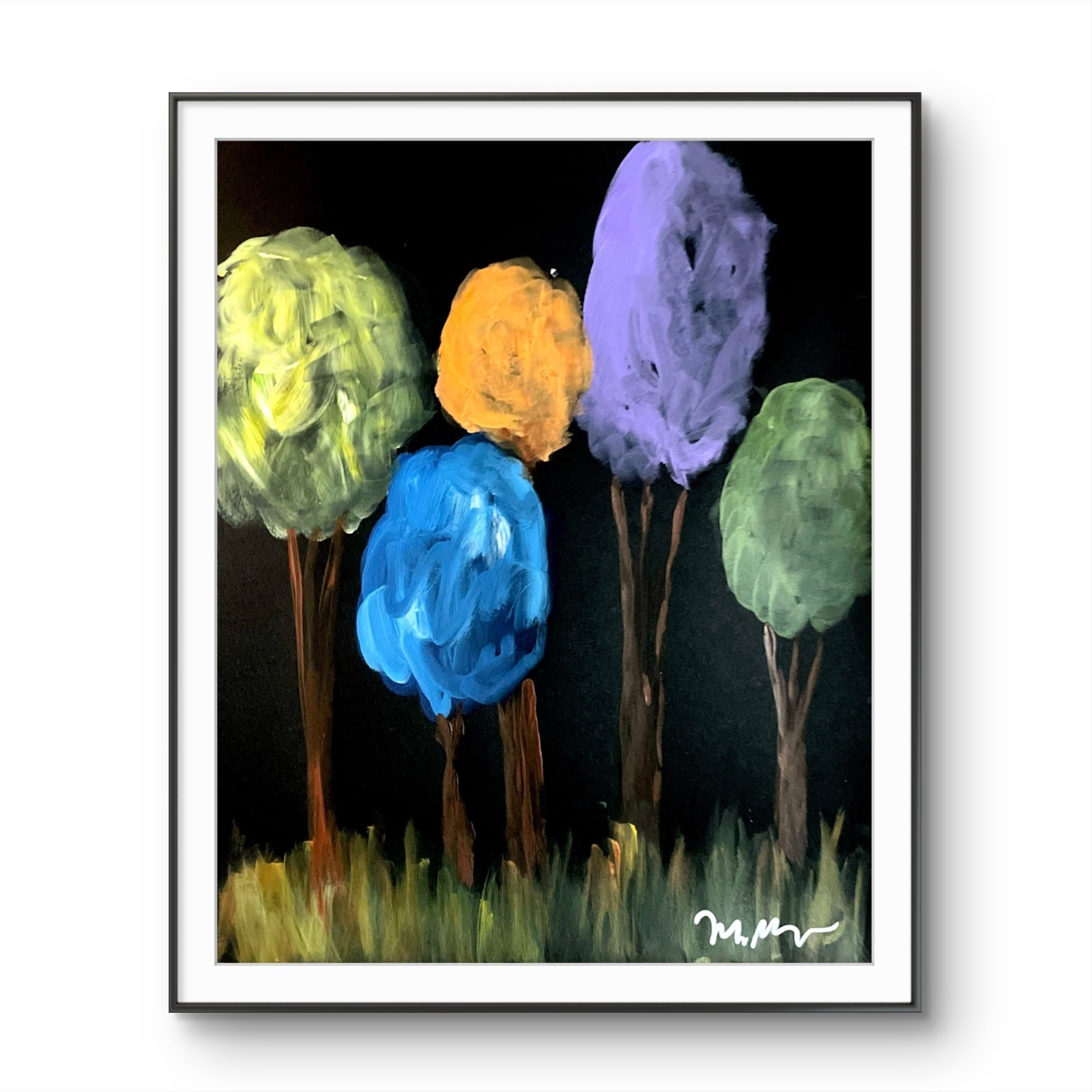 Mary Myers Original Colorful Trees Black 11×14 Mixed Media Signed Expressionist