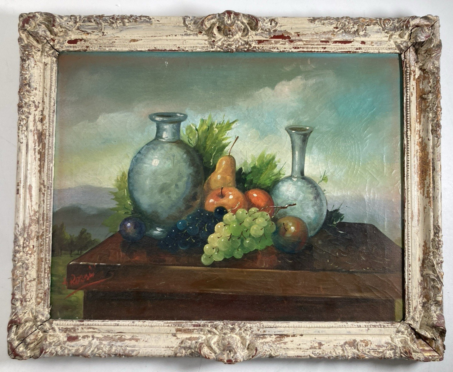 Vintage Original Oil Painting Classical Still Life with Fruit and Wine -Signed