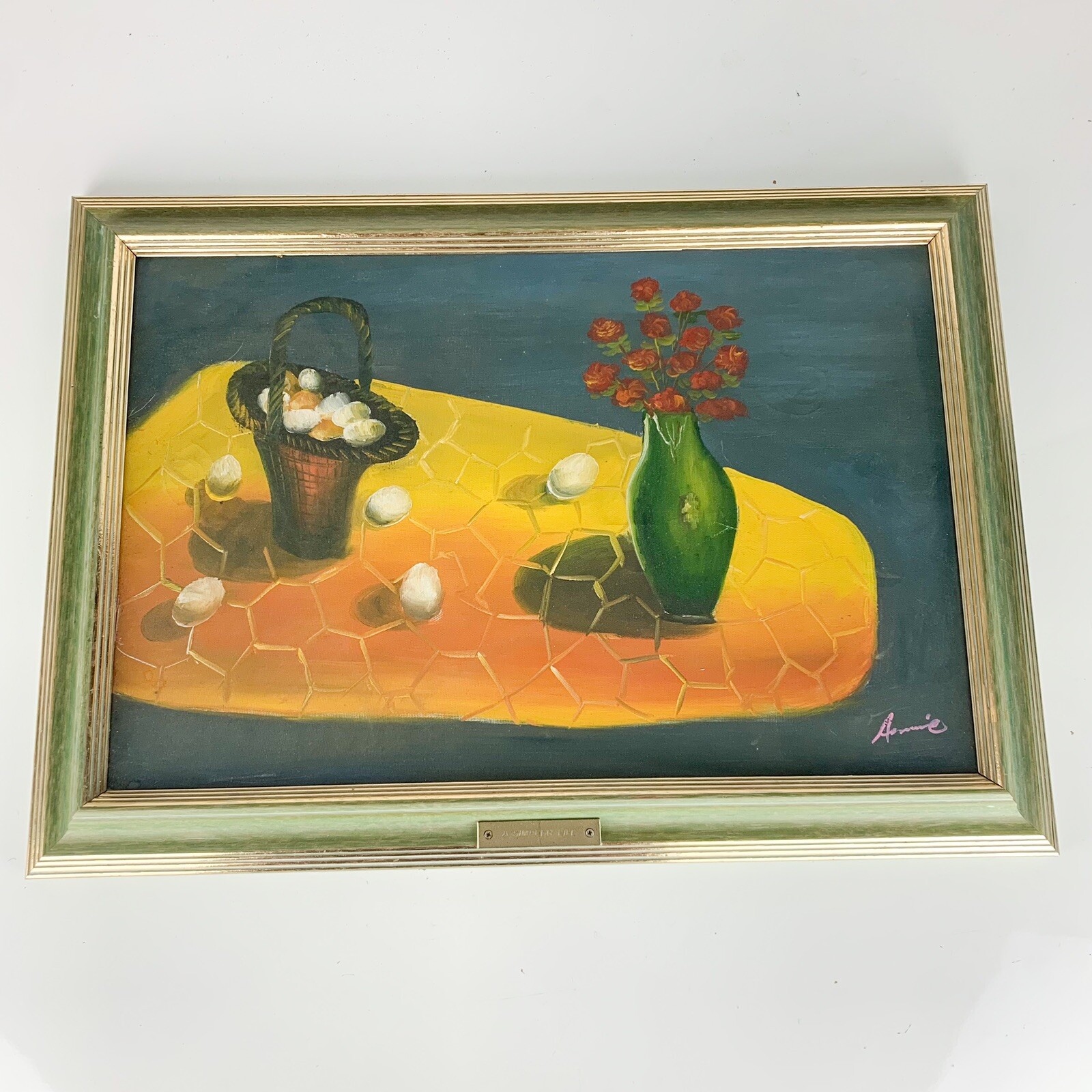 Vintage Vase of Flowers & Egg Basket Still Life Framed Painting Signed Art mcm
