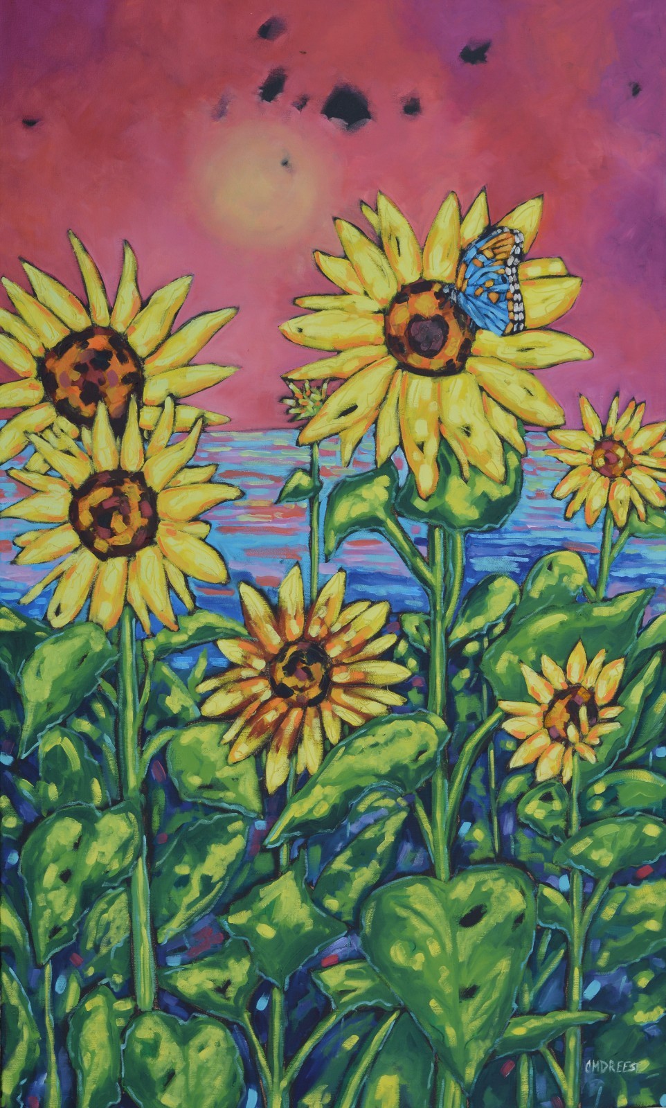 Original Oil Painting Sunflowers Lake Michigan Butterfly 36×60 Christi Dreese