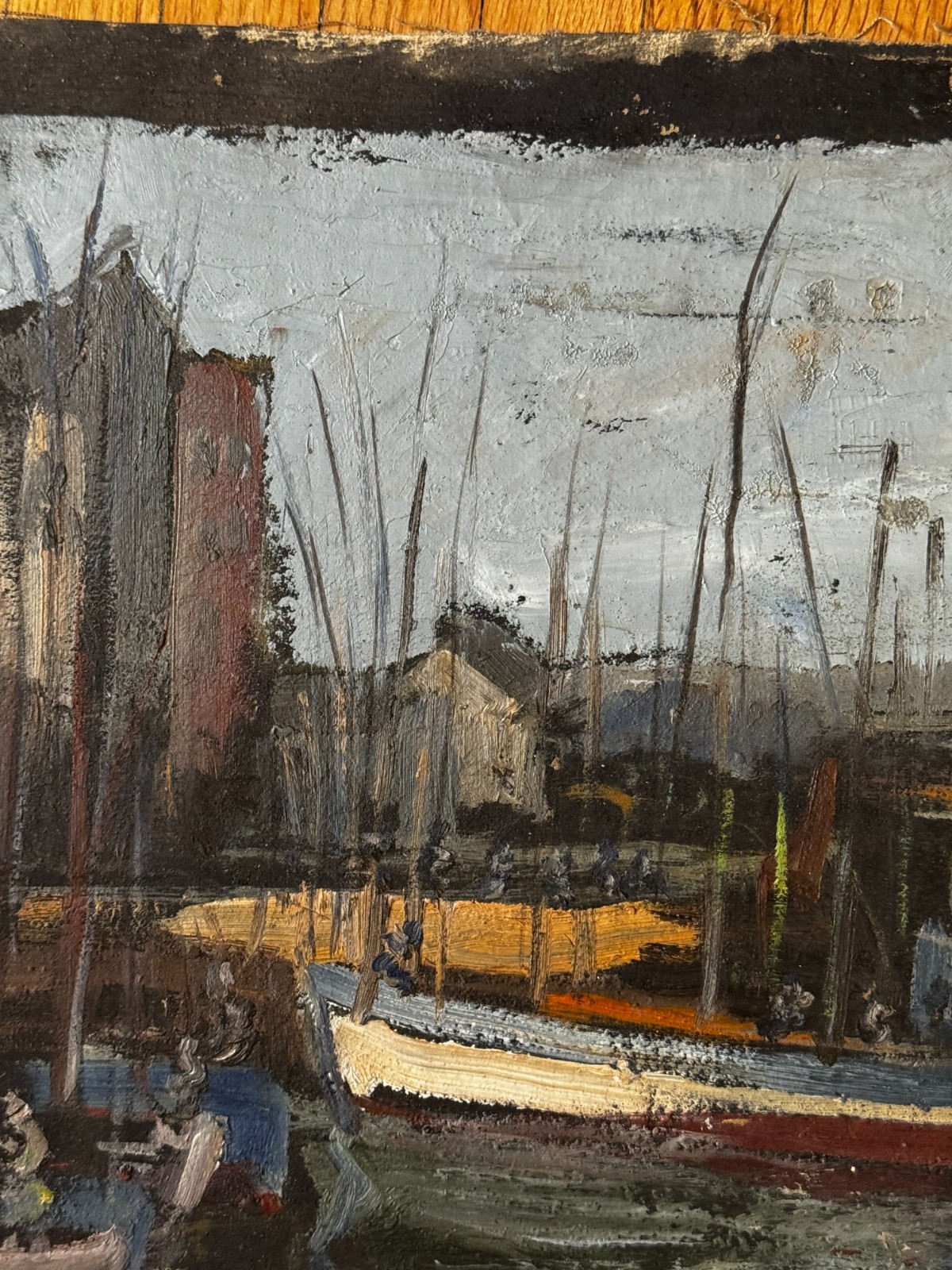 Vintage 1930’s Oil on Canvas Landscape Boats Port Docking 17×22 Jean Schweckler