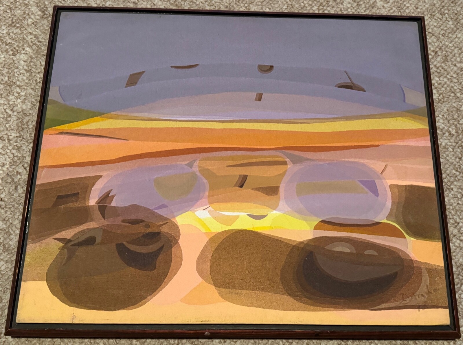 Framed Abstract Landscape Seascape Vintage Painting 70s Modern Wall Art Signed