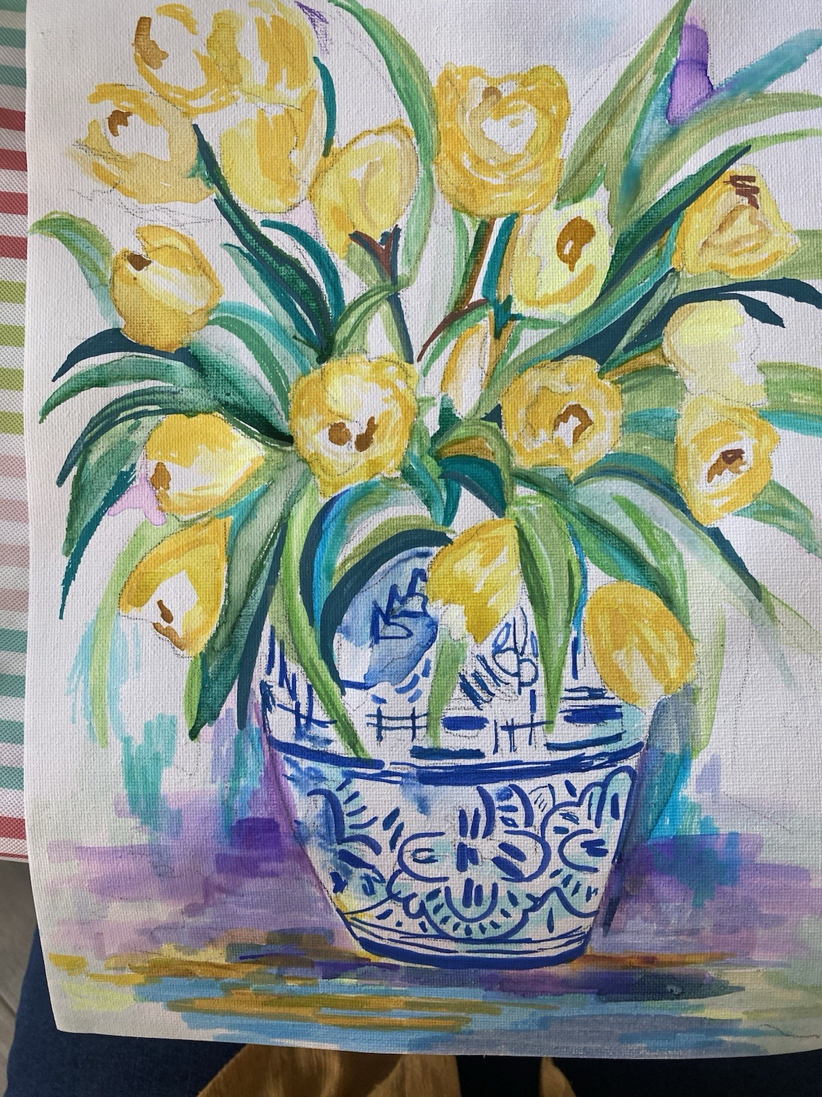 Original Acrylic Canvas 9 X 12 Yellow Flowers In Blue And White Vase
