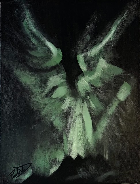 Original Abstract Expressionist Northern Lights Angel, 14×11 Signed Canvas