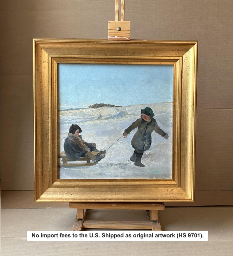 Eiler Sørensen (1869) Snowbound Companions. Fine Danish oil painting. COA