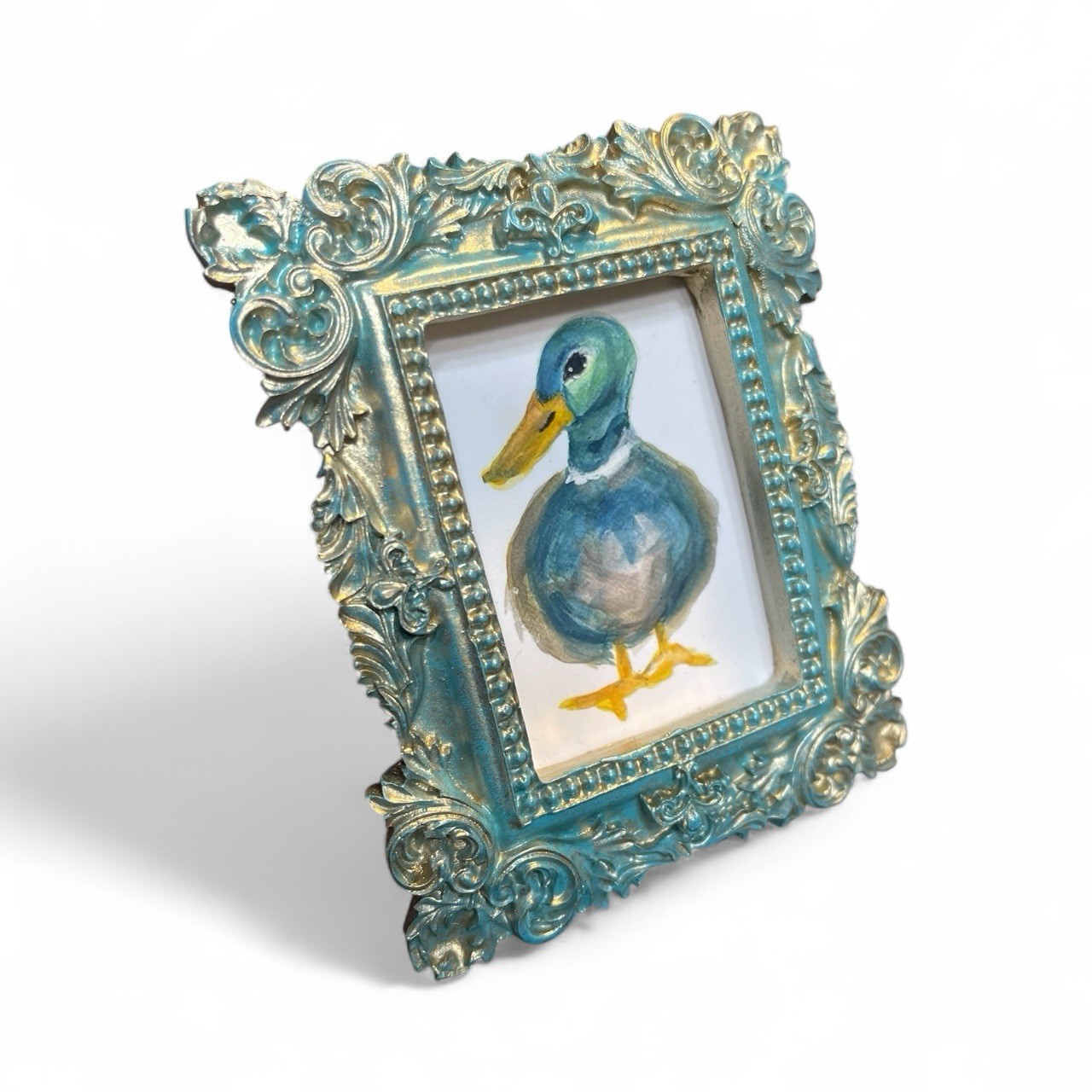 Mallard Duck miniature art watercolor print in vintage style ornate frame
