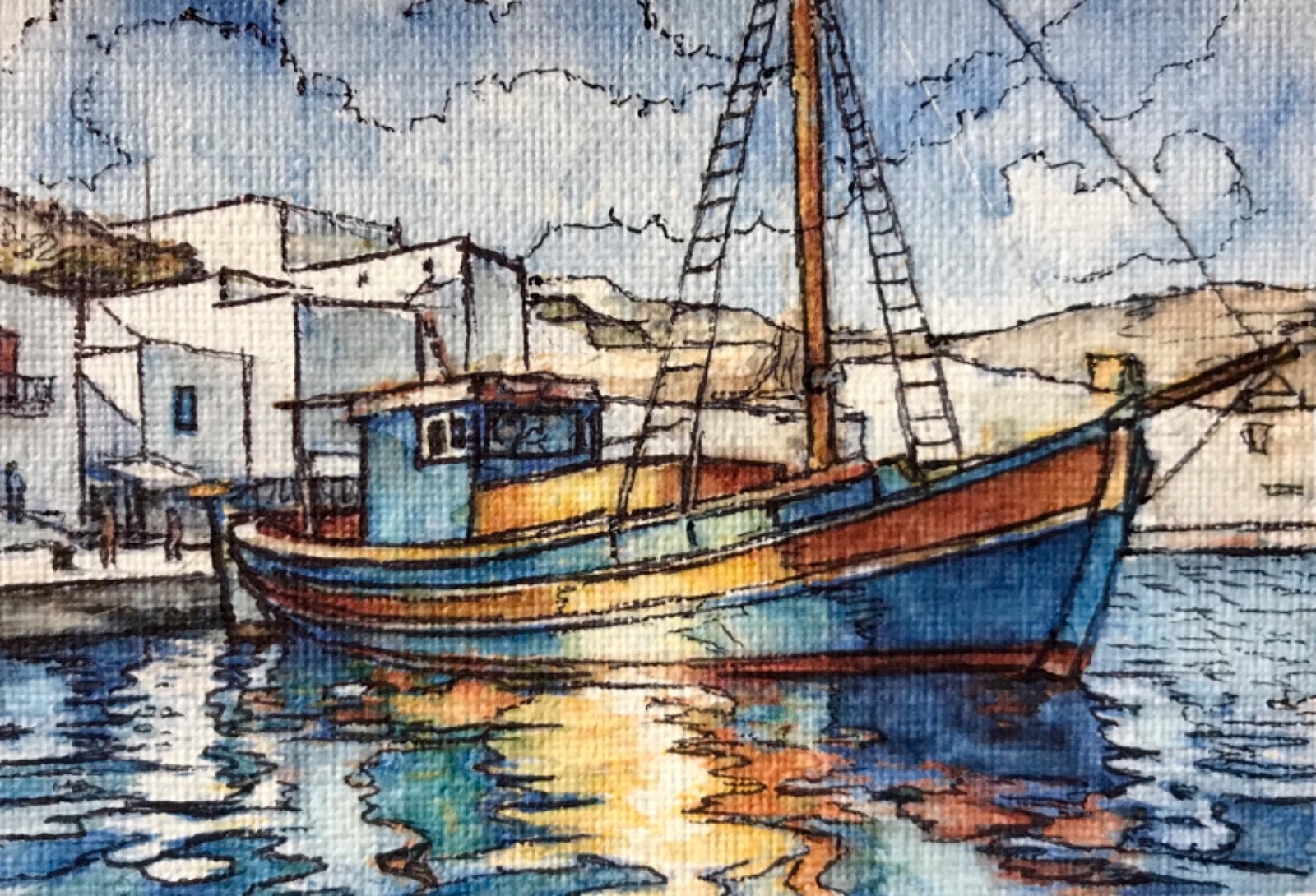 ORIGINAL Painted Pen and Watercolor (ACEO) Cyclades Harbor