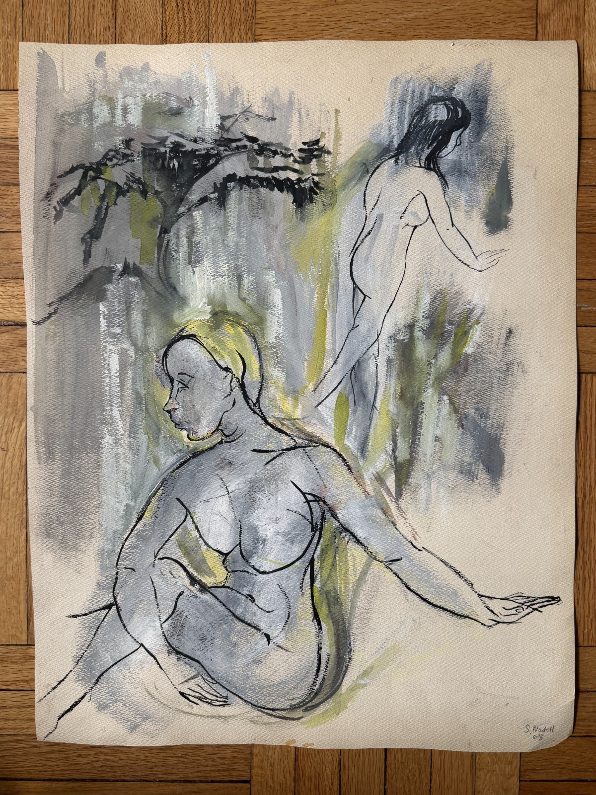 Vintage 1960s Gouache Painting Women OOAK 23 x 18 Dated 1965
