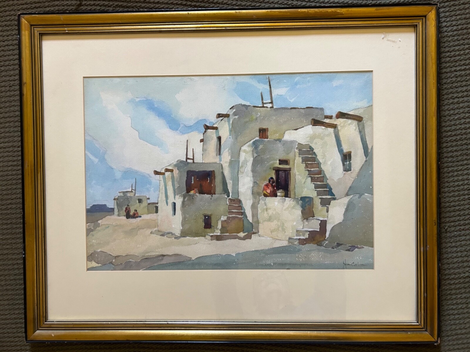 Large John Cuthbert Hare American Watercolor Painting Pueblo ca. 1930s Untitled