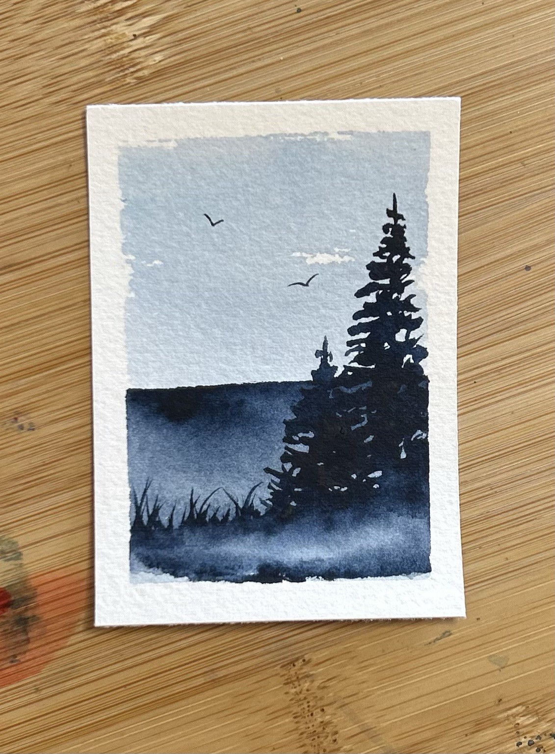 ACEO The Lake, Original Watercolor Signed By Sasha Lehto