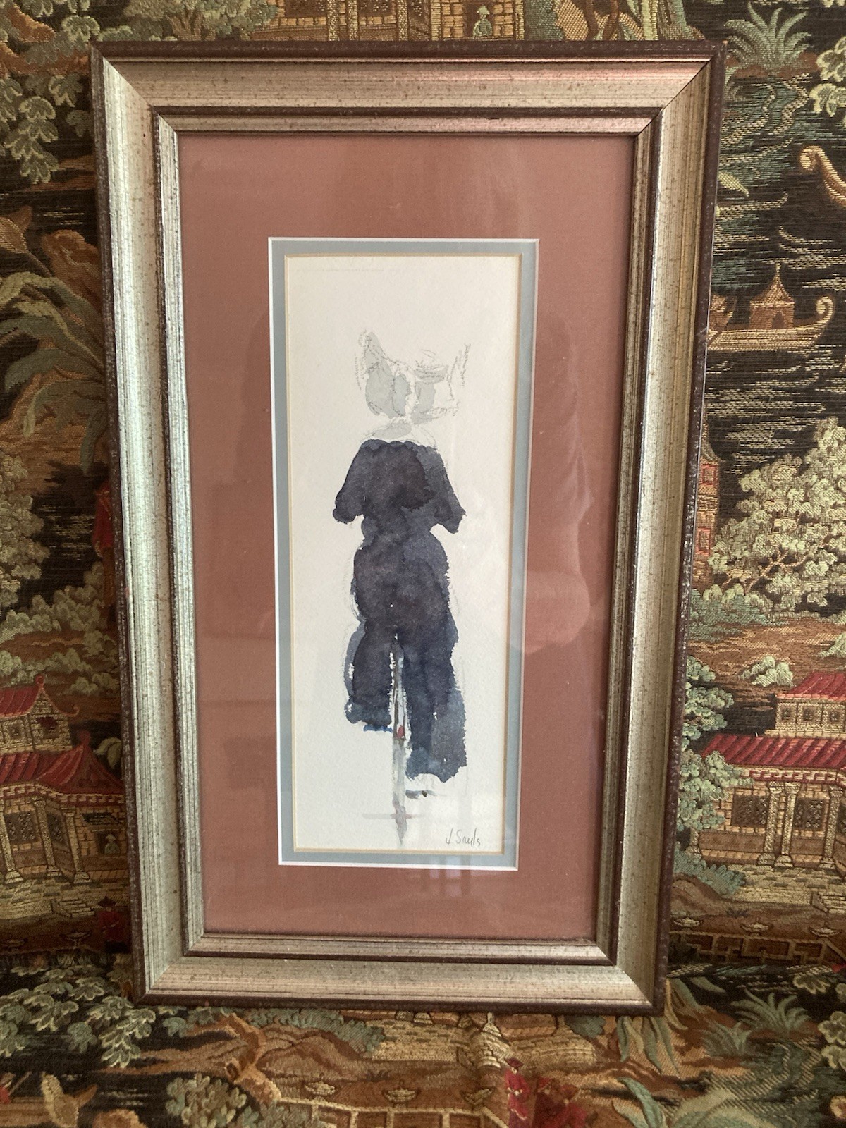 Jean Lay Sauls Framed Impressionist Watercolor of a Nun on a Bicycle c. 9” x 15”