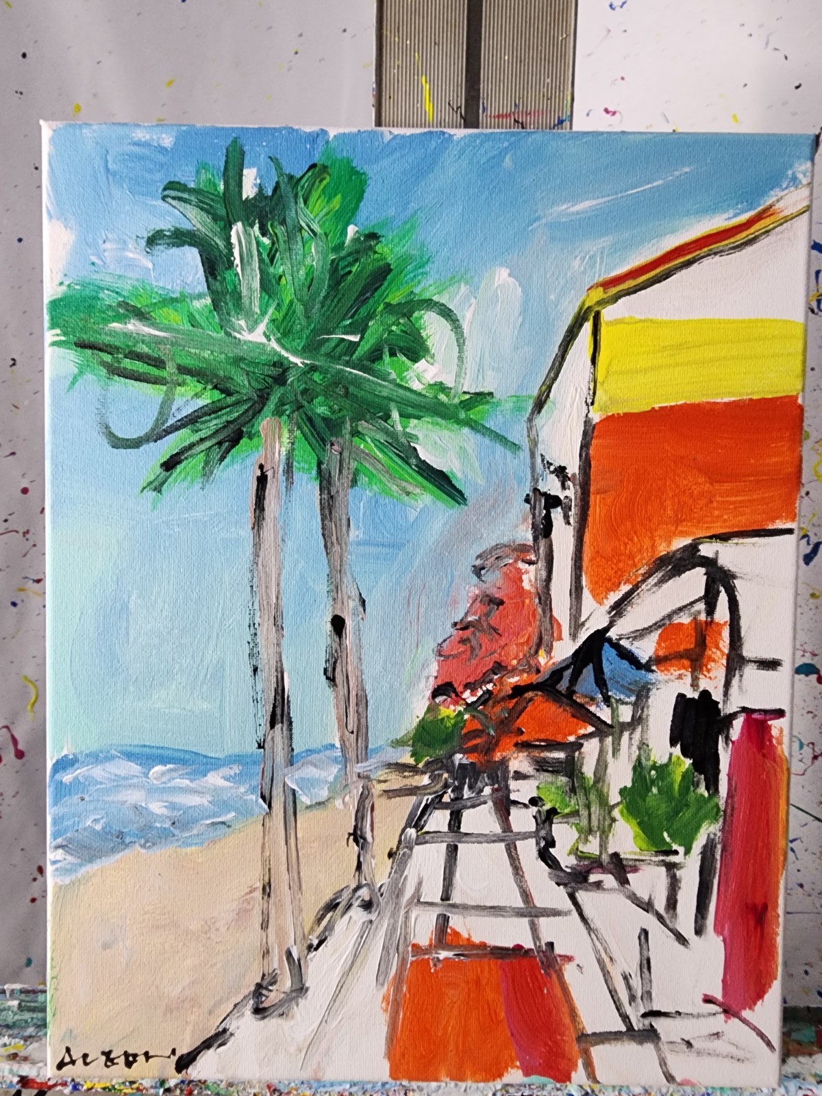 Aleph Original Tropical Seascape 14×11 Abstract Expressionist Painting Canvas