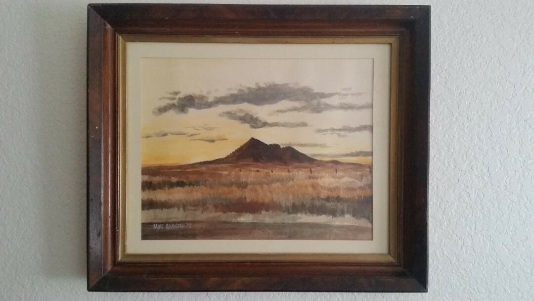Mike Sougstad watercolor painting of Bear Butte, South Dakota, 1972