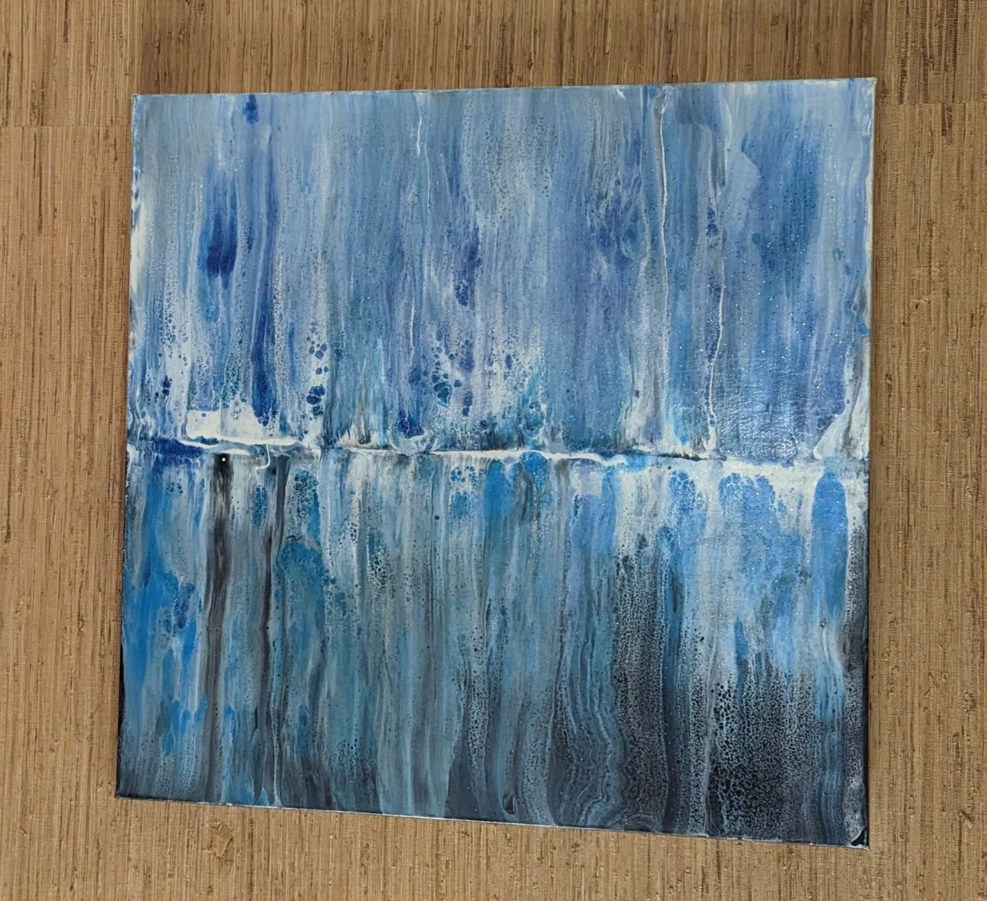 Dark Reflections in Blues – Acrylic Pour Swipe Painting 30″ x 30″ x 1.5″