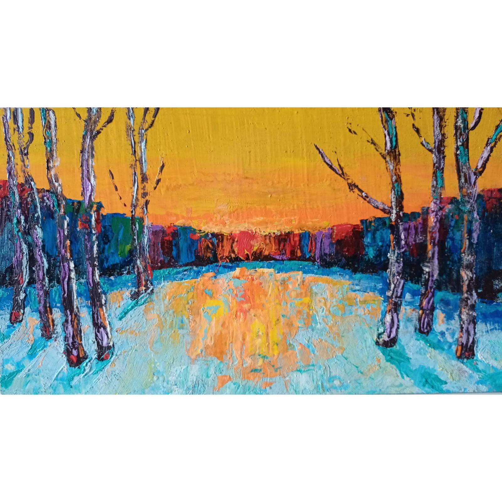 Winter Impasto Painting Original Art Impression Oil Painting 6.6 x 11.8 in