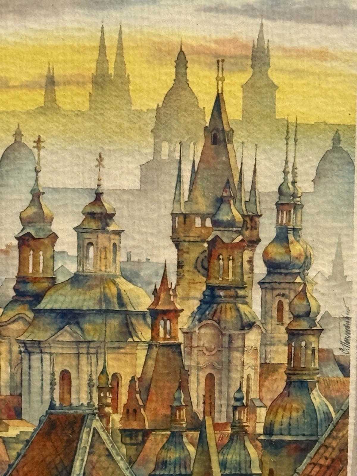 Framed SLAVA PODULESKY SIGNED PRAGUE Watercolor Paintings PAIR Orig. Czech Art