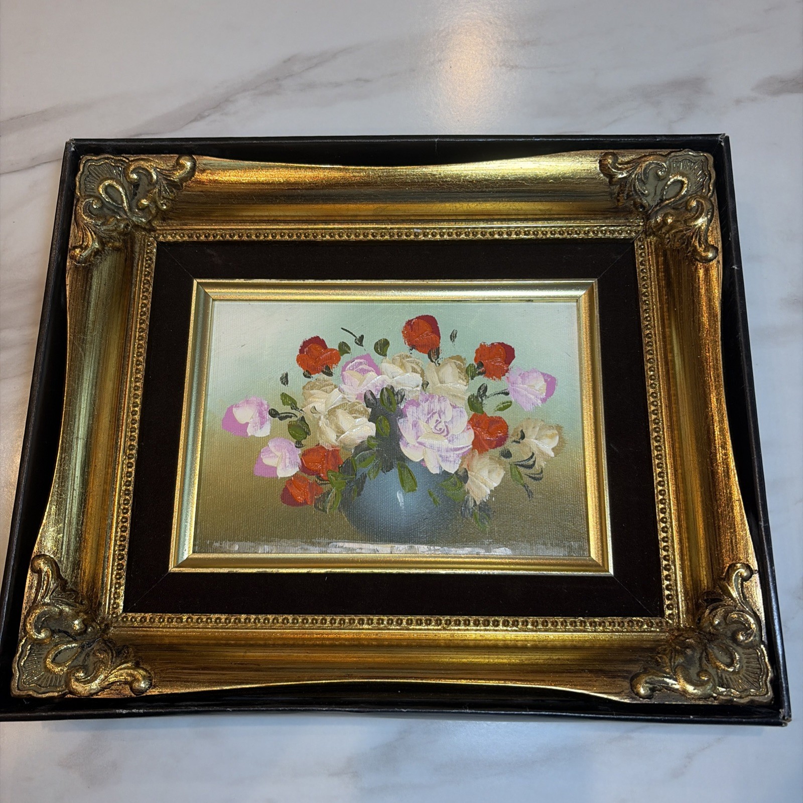 Vintage Floral Still Life Oil Painting in Gold ornate frame roses