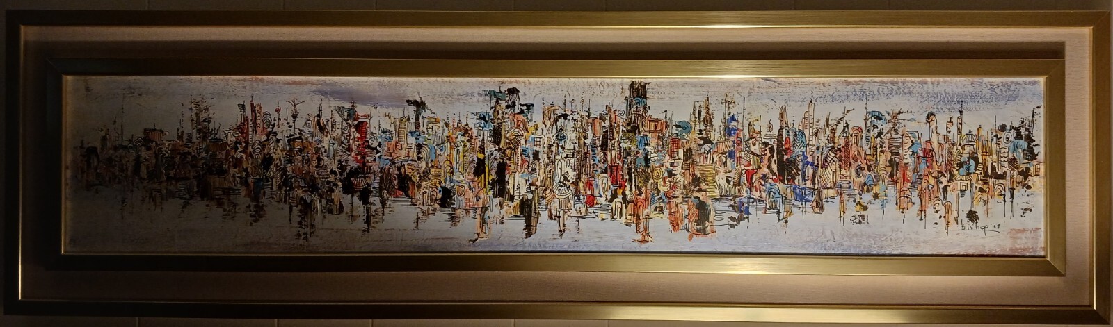 MID CENTURY ABSTRACT CITYSCAPE PAINTING ON BOARD SIGNED DATED MATTED & FRAMED