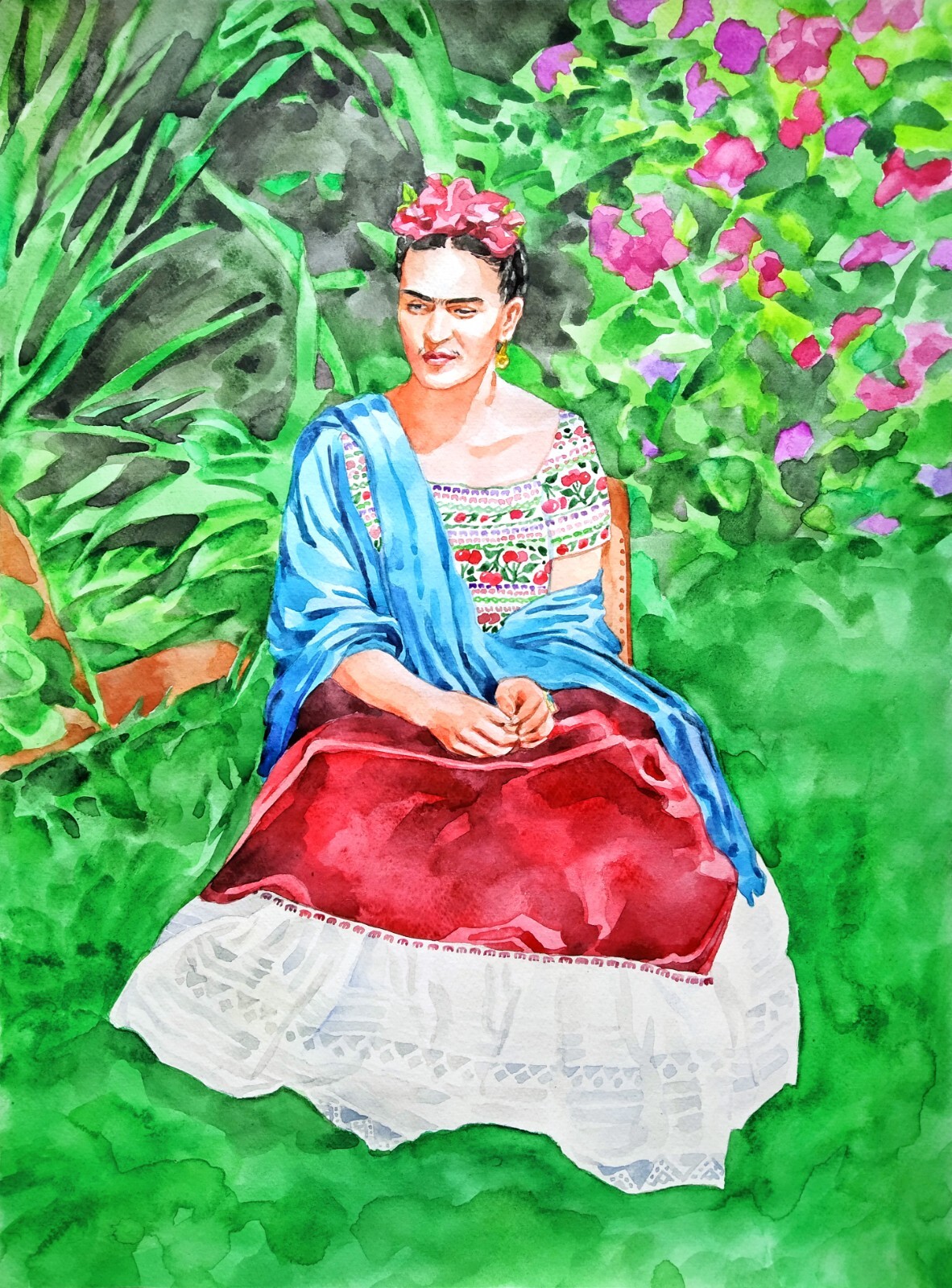 11,69 × 15,75″ Young Frida Kahlo original watercolor SIGNED and DATED