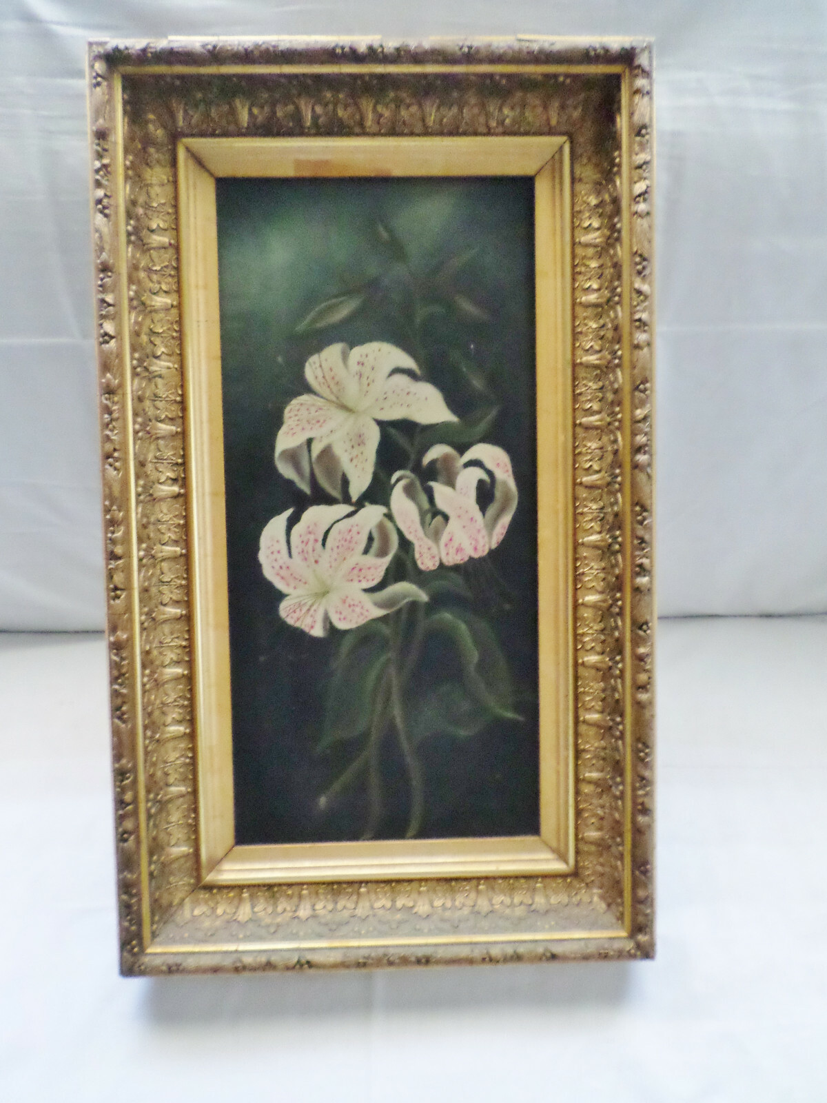Antique Oil Painting on Canvas Of Chinese Lily with Fine Ornate Gold Leaf Frame