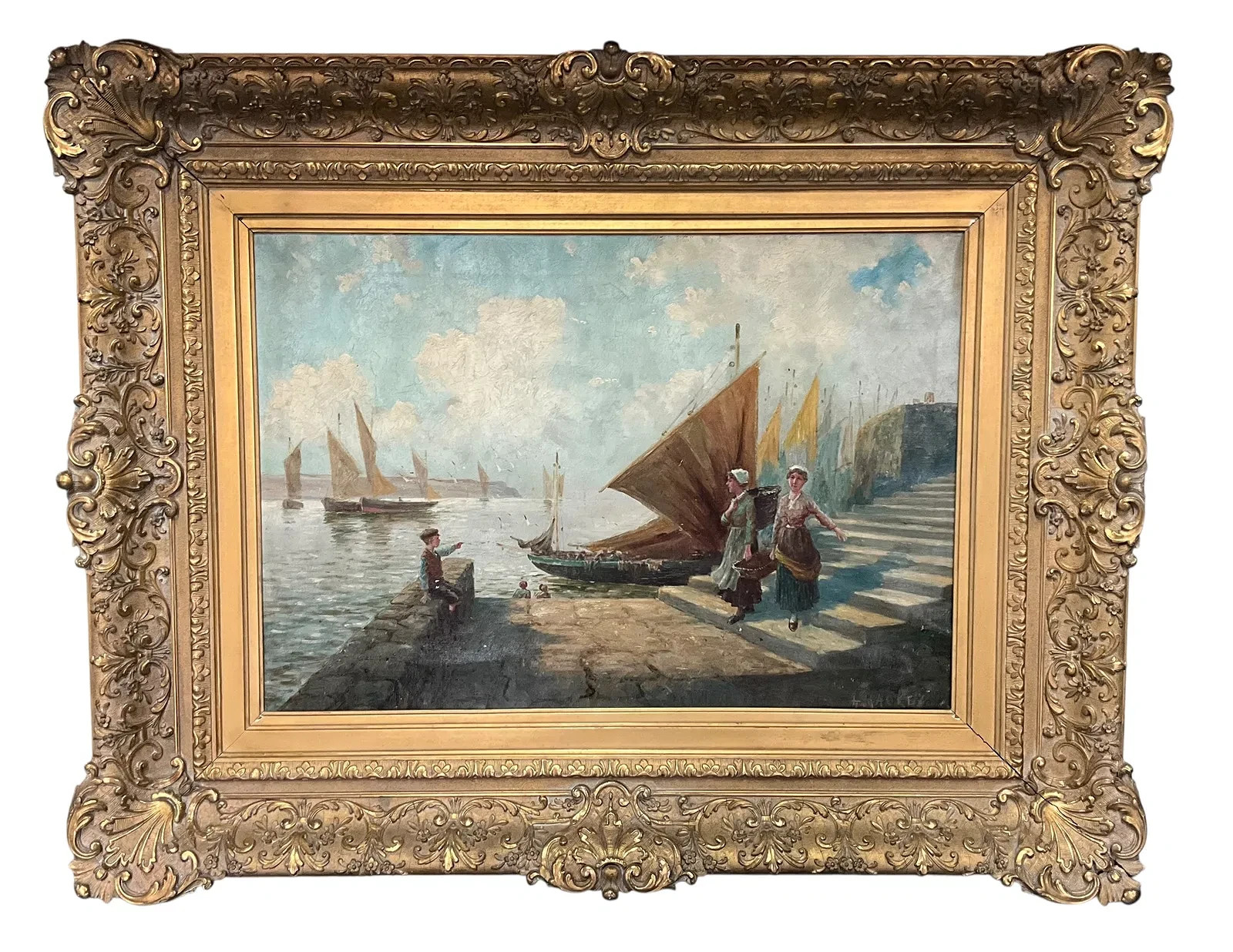 Haydn Reynolds Mackey (English, 1883-1979) “Women on Harbor Steps” Oil on Canvas