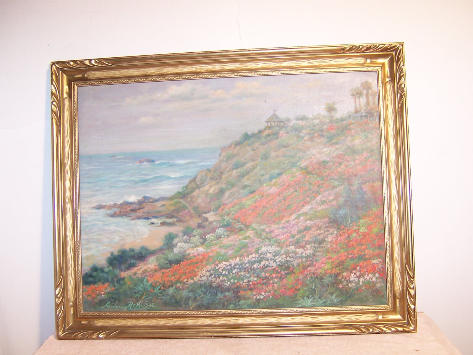 Antique California Coast Oil Painting Gold Gilt Carved Wood Frame Andreas Roth