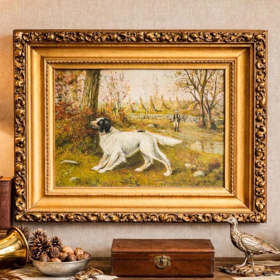 Nice Antique Framed Oil Painting Dog Country Hunting Scene Artist Signed