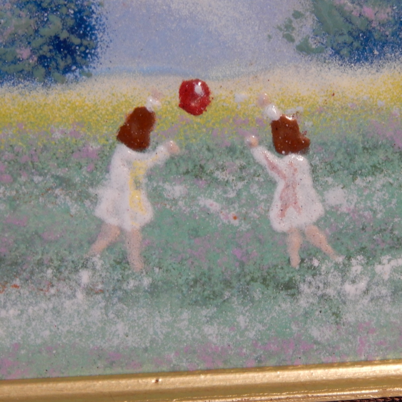 Vintage J POLK Enamel Girls Playing In Field Copper Painting Matted Framed Art