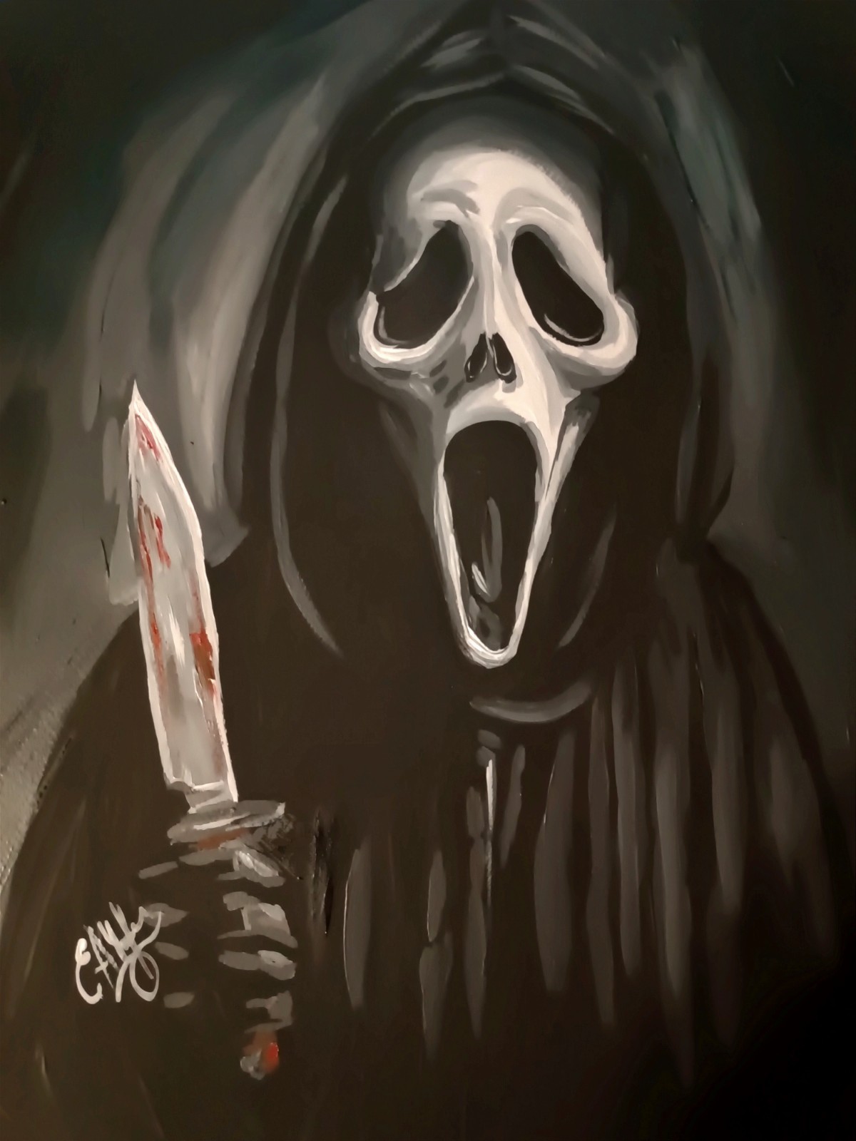 90s slasher ghost mask original acrylic painting art, paper