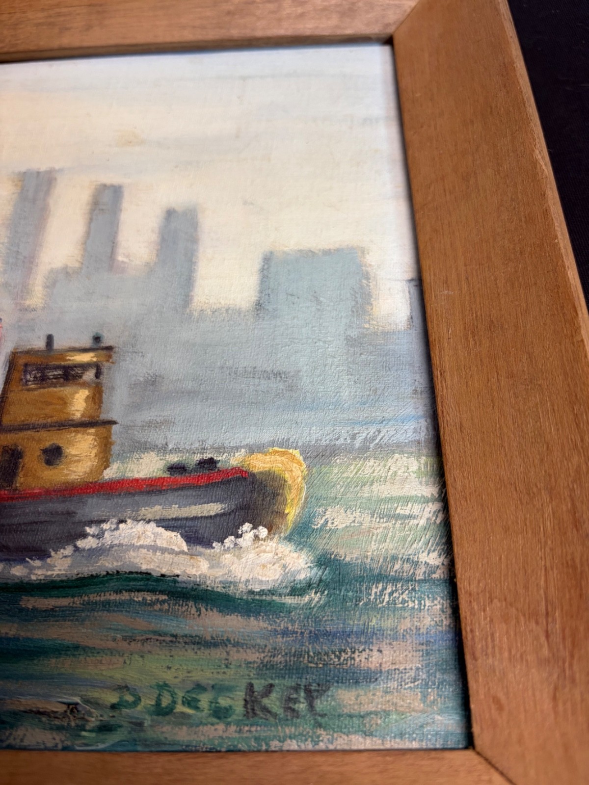 Vintage NYC Harbor Oil Painting Don Decker 1960s Twin Towers Tugboat Folk Art