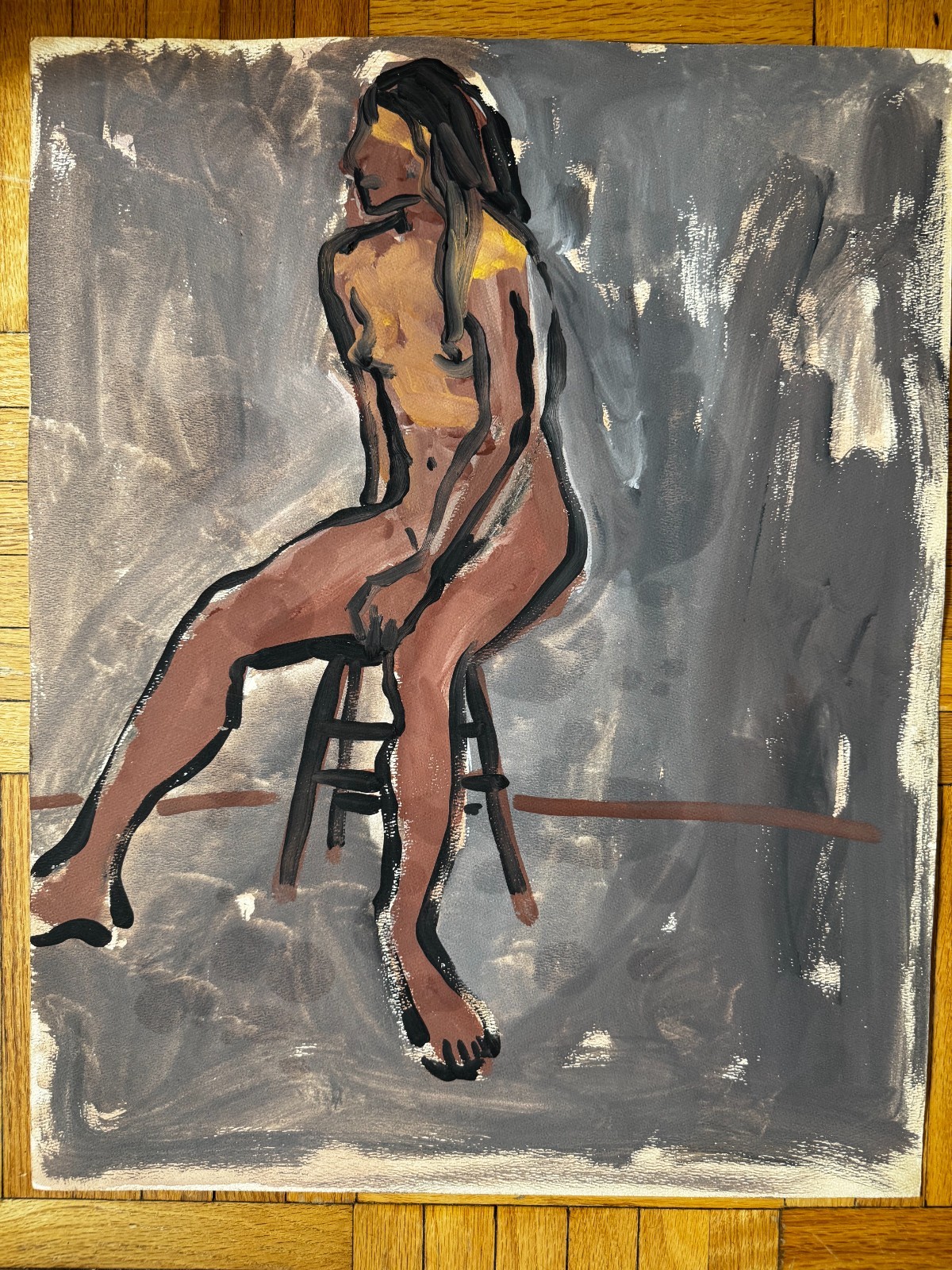 Vintage Gouache Paper Study Painting Black Woman Braid Hair Seated 24 x 19 OOAK