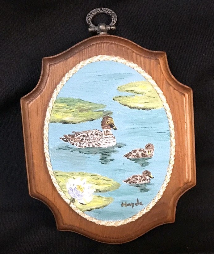Miniature Wooden Signed Mama And Babies Duck Painting 4 1/2 X 5 1/2″