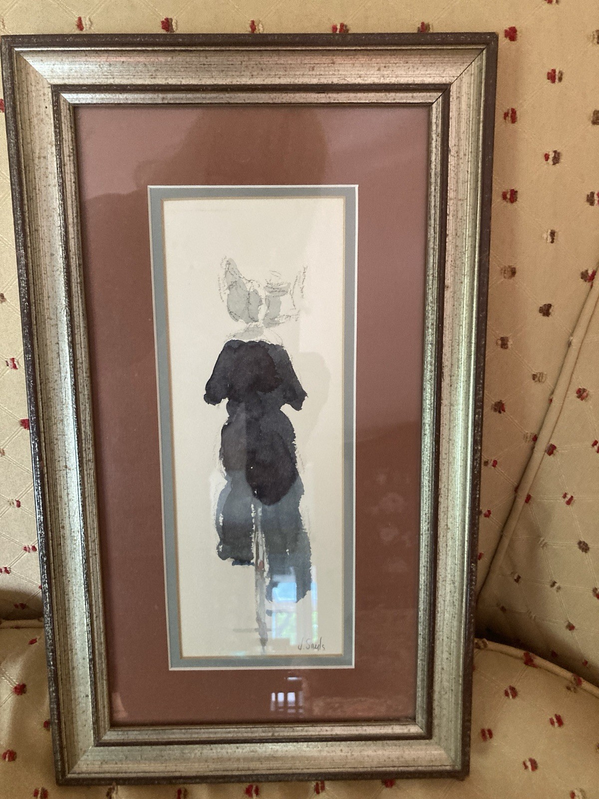Jean Lay Sauls Framed Impressionist Watercolor of a Nun on a Bicycle c. 9” x 15”