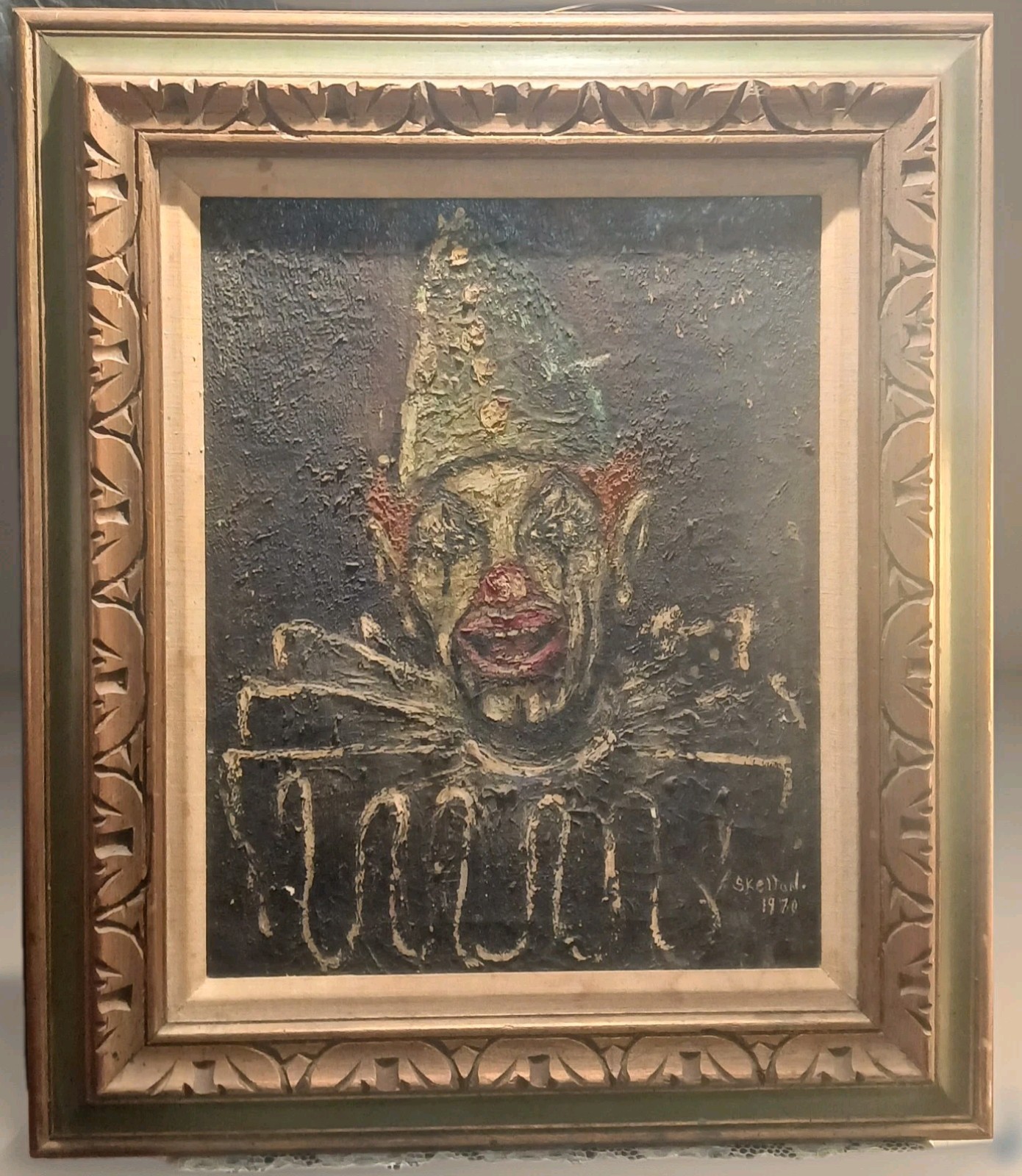 Framed Clown Oil On Canvas Painting Signed Skelton 1970 Famous Artist Red 24×28