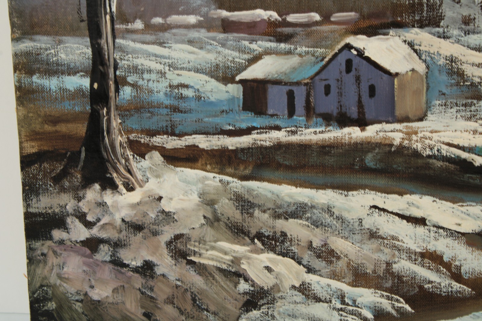 Vintage Winter Landscape Snow Cottage Scenery Oil Painting Signed Illegible