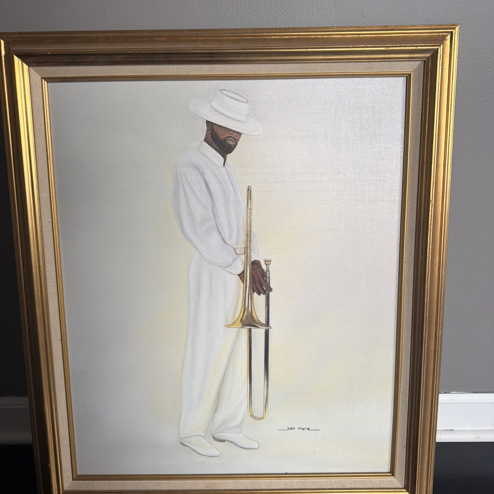 June Marie Lithograph On Canvas African American Jazz Man In White Trombone