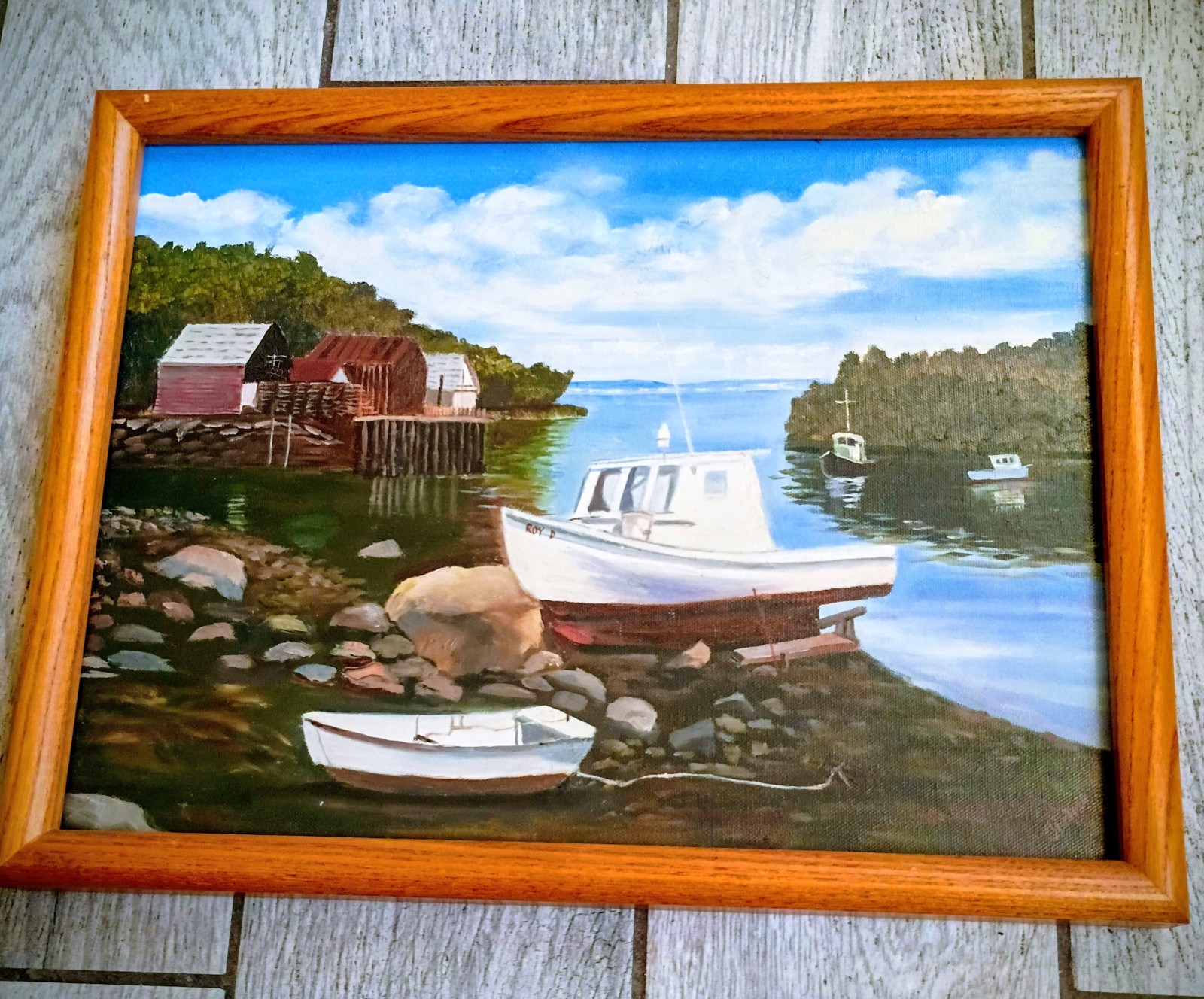 Original Oil Painting On Canvas Of Coastal Seascape Harbor Scene By Thelma